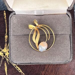 Vintage Moonstone Brooch in Gold Filled Pin Signed W with Bow